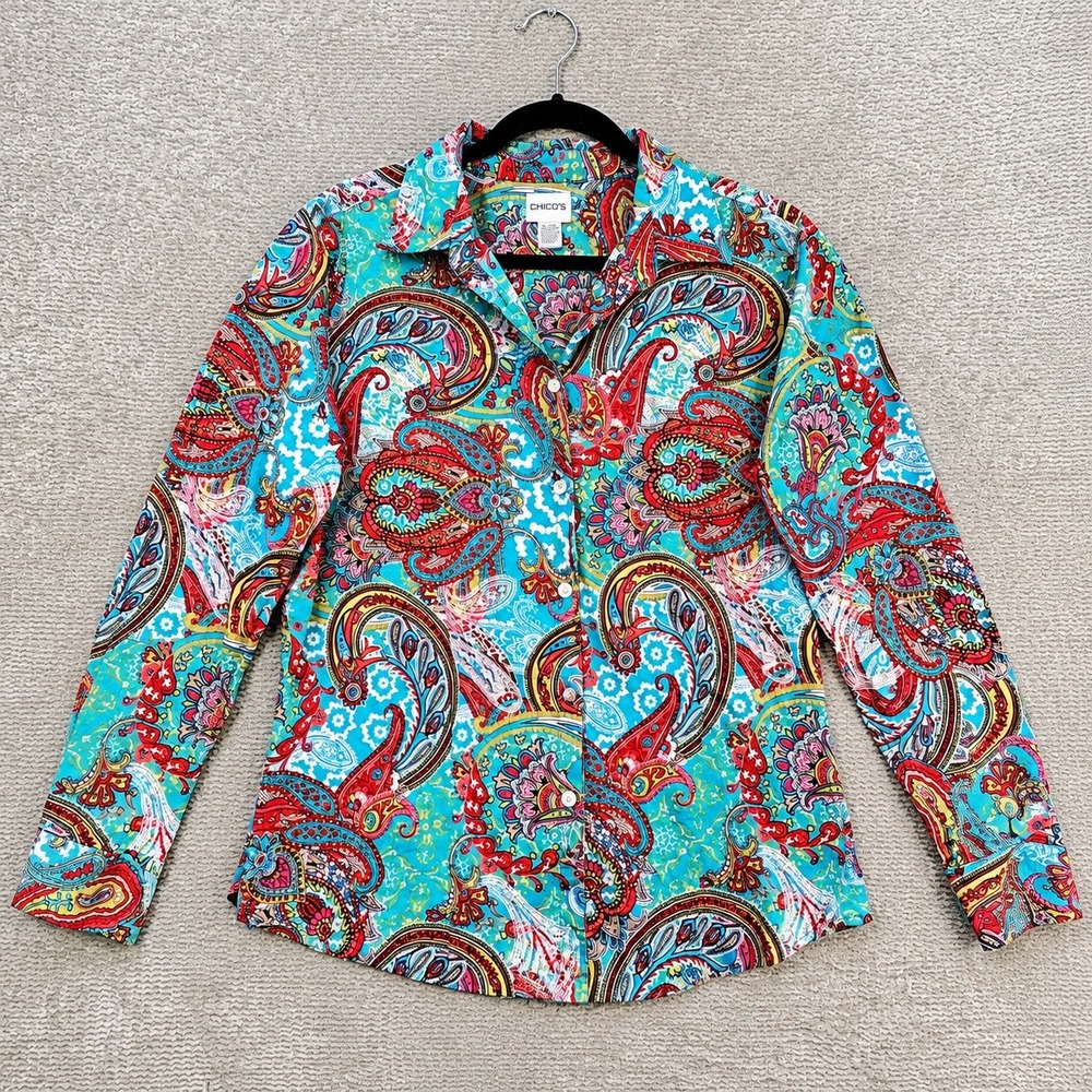 Chico's Shirt Paisley Print 100% Cotton Size 2 Blue Red Multicolor Boho Casual
